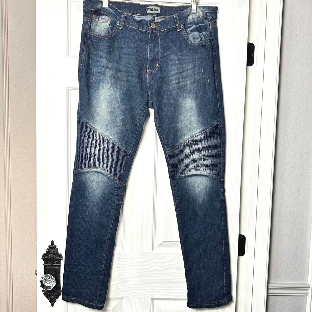 CJ Black Mens Skinny Flex Moto Jeans Dark Wash Ribbed Knee 38x32 Stretch Denim